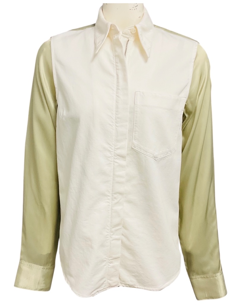 Dries Van Noten White / Sage Green Cotton Denim And Satin Shirt
